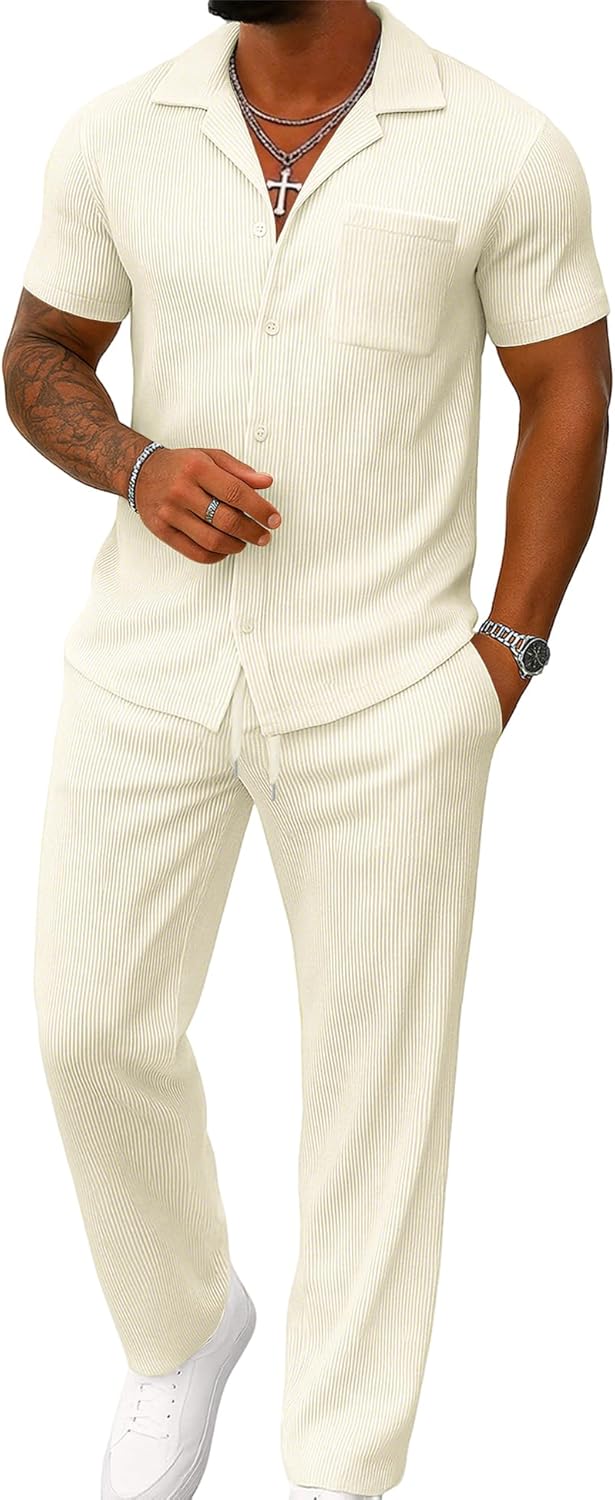 UOUA Mens Summer 2 Piece Set Casual Outfits Button Short Sleeve Shirt & Loose Pants Textured Striped Tracksuit Walking Suits