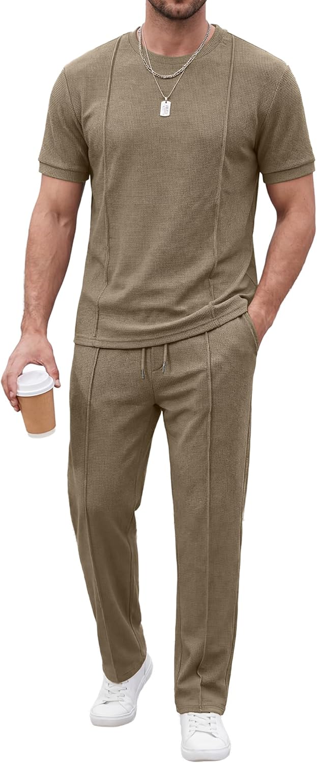 JMIERR Mens 2 Piece Sets Short Sleeve Shirts and Loose Pants Summer Textured Suits