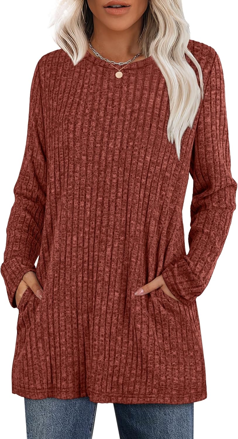 XIEERDUO Long Sleeve Shirts for Women Crewneck Tunic Tops Loose Fit Dressy Womens Sweaters with Pockets Fall Fashion 2025