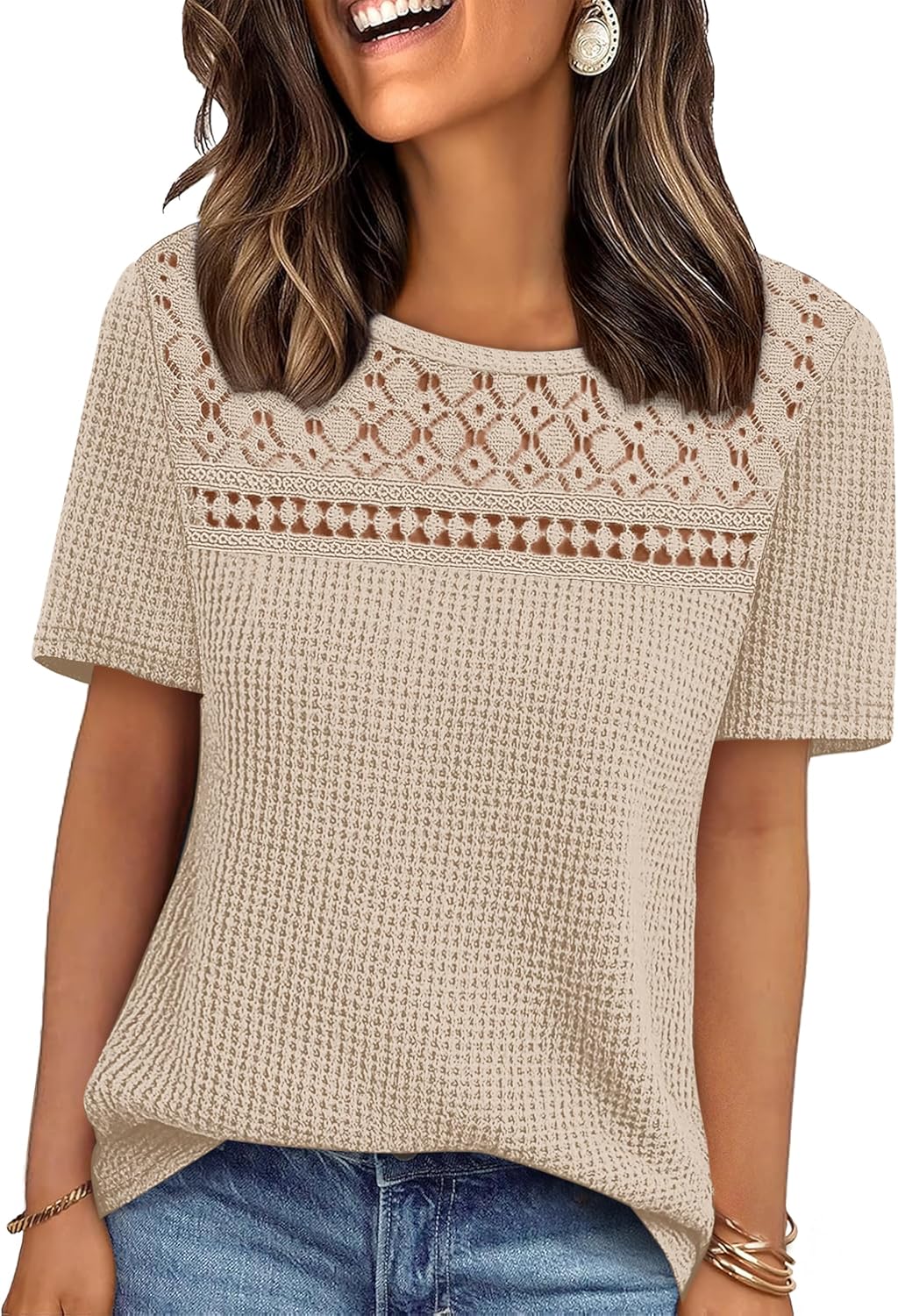 OFEEFAN Womens Tops Dressy Casual Short Sleeve Shirts Boho Crochet Lace Waffle Knit Plus Size Fashion Clothing